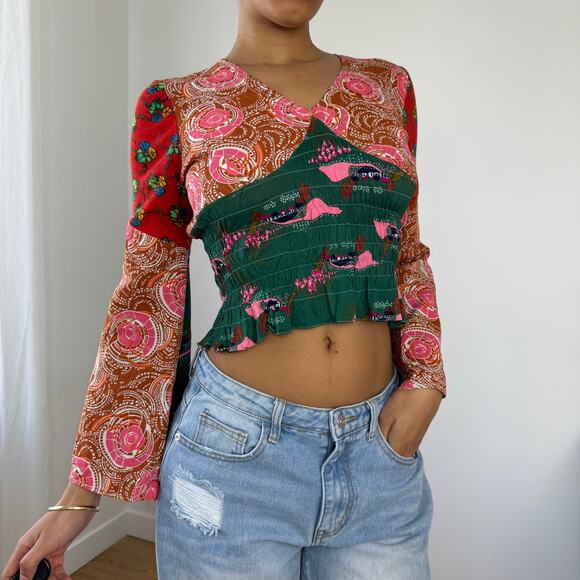 Vintage 90s Patchwork Boho Bell Sleeve Top (S/M) - Picture 2 of 7